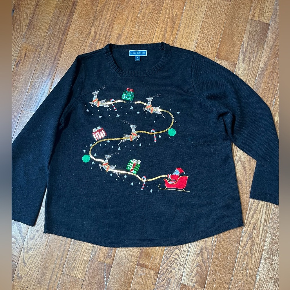 Karen Scott Black Sweater with Santa and Reindeer, Size 1X